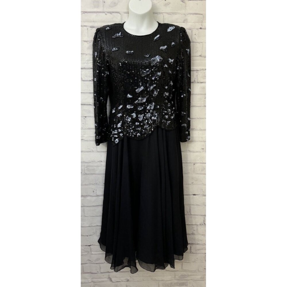 Sylvia Ann Vintage Black Silk Beaded Dress Size Large Cocktail Semi Formal party